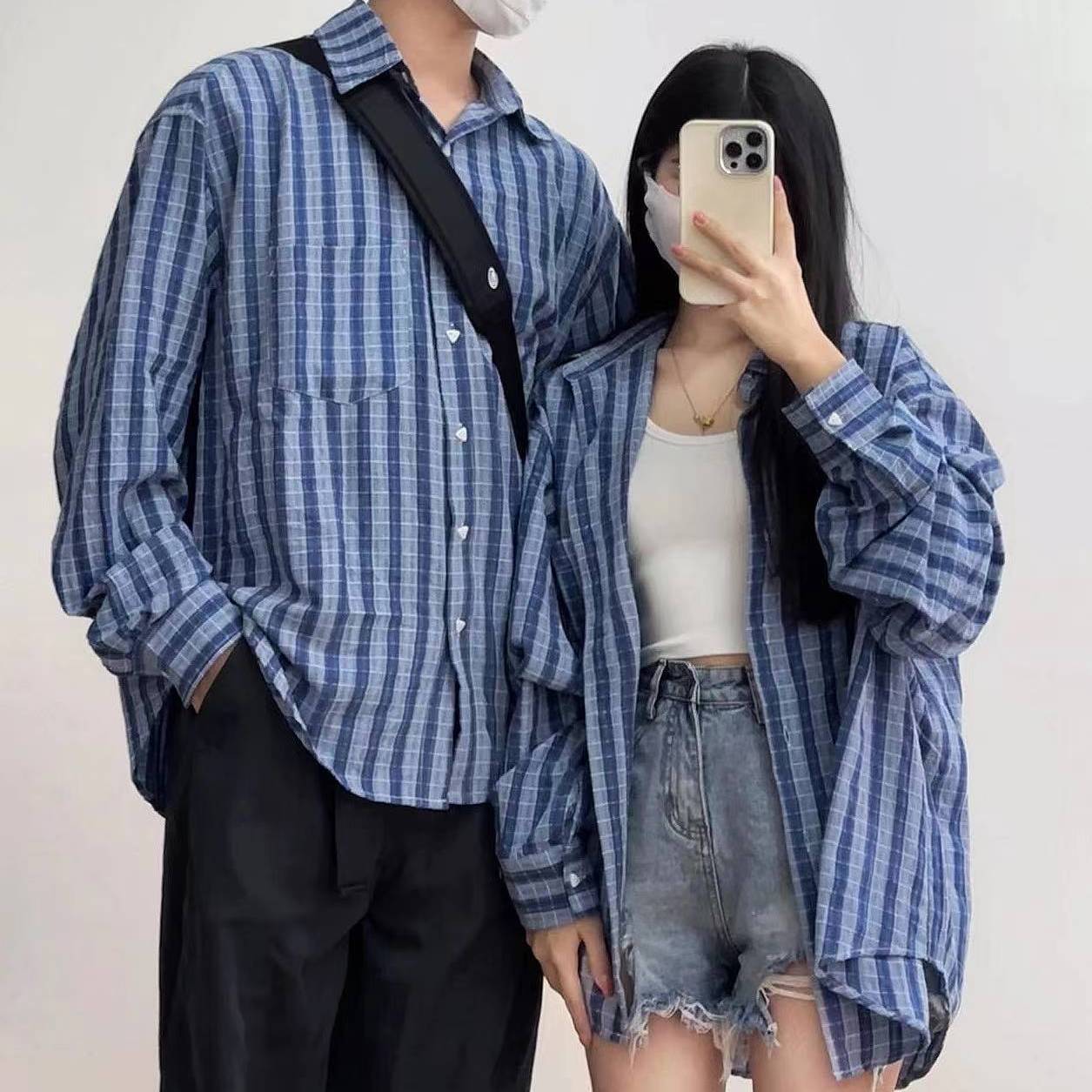 藍色格子防曬襯衫女港風polo領襯衣開衫休閒寬鬆復古薄款情侶外套