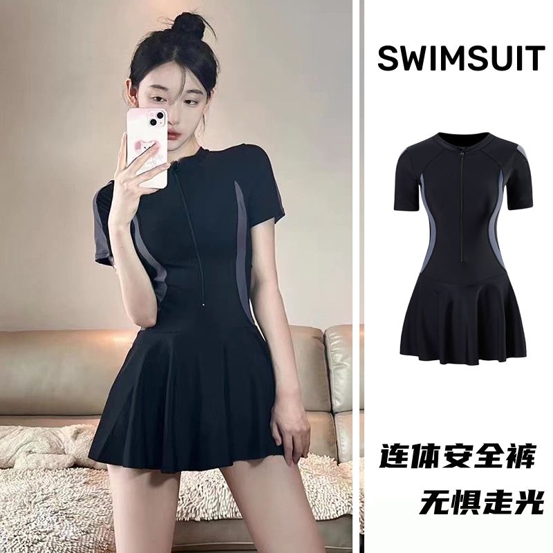 Swimwear for women, summer, conservative one-piece skirt, student swimming class, sporty style, belly-covering, slimming, anti-exposure hot spring swimsuit