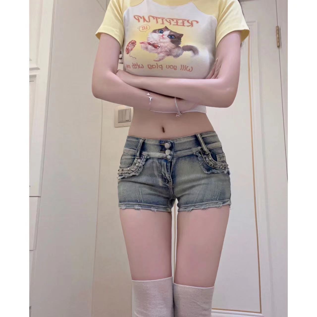 懷舊藍色牛仔短褲女水洗彈力熱褲直筒百搭顯腿長做舊夏季包臀潮流