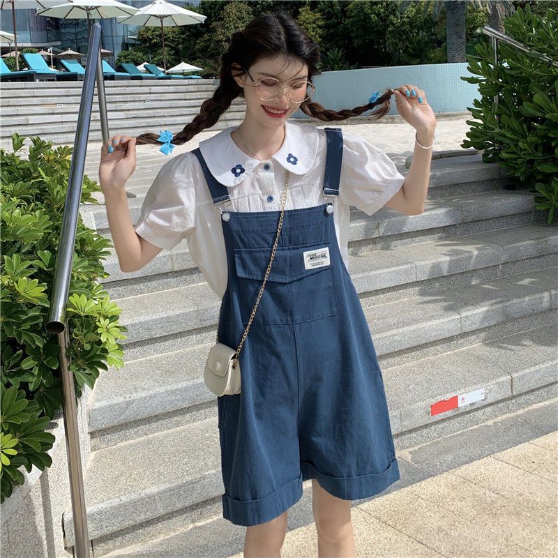 Summer  new suit female student Korean version loose embroidered shirt + casual bib shorts two-piece trendy