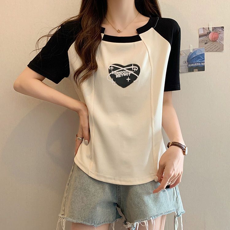 Slightly fat mm summer raglan short-sleeved front shoulder top  new irregular t-shirt women's clothing covering meat small shirt large size