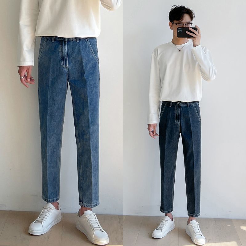 2023春夏款男裝品質寬鬆微錐小直筒休閒牛仔褲潮流韓版復古九分褲