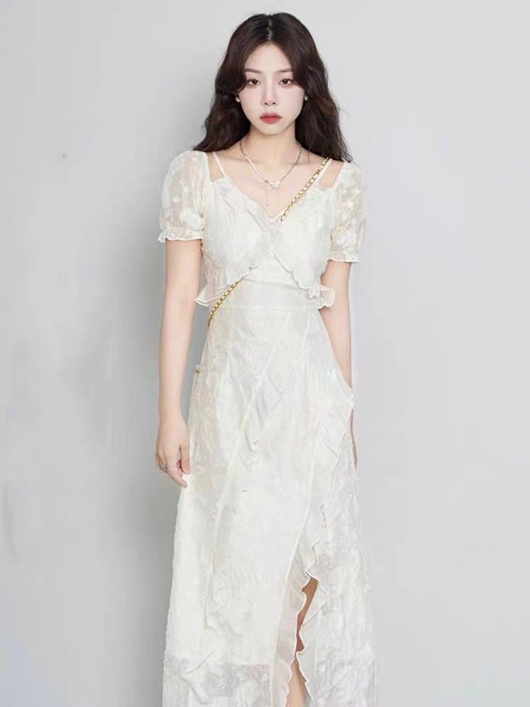 Tea break French white dress female summer new chic sweet and spicy waist female niche design sense slit skirt
