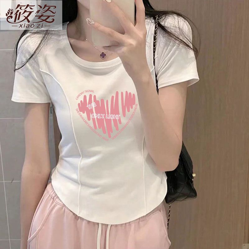 筱姿純棉正肩短款短袖t恤夏季辣妹個性魚骨修身卡腰字母減齡上衣