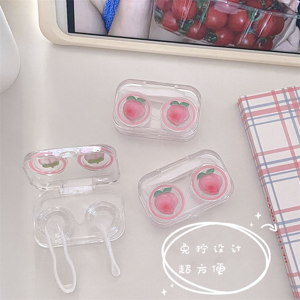 No need to twist the lid of the contact lens box, all-in-one peach contact lens box, portable, high-end, compact, mini, transparent and cute