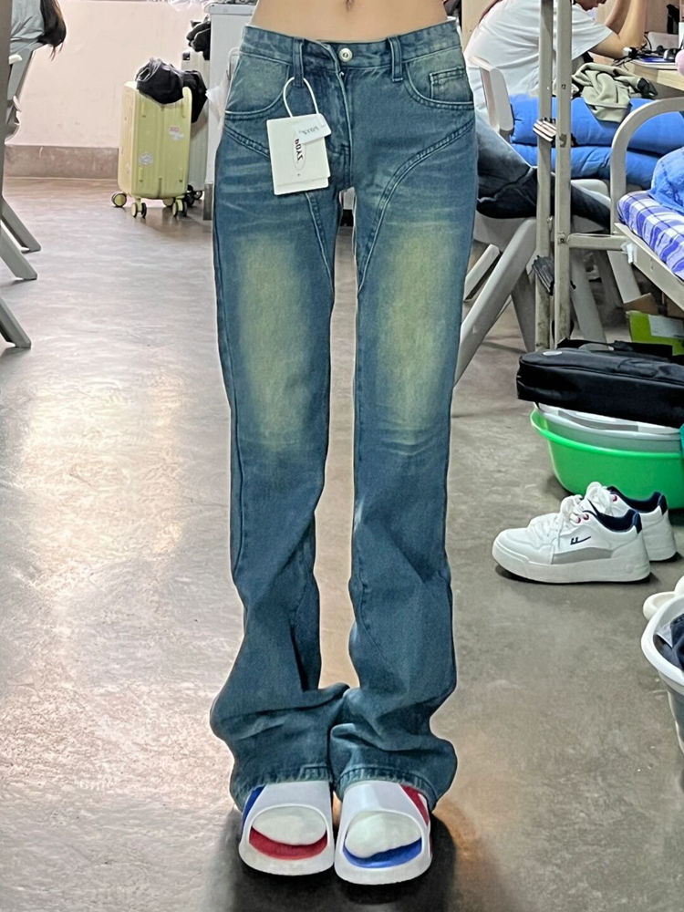 美式復古低腰微喇叭牛仔褲女夏季辣妹小眾設計感高街顯瘦拖地長褲