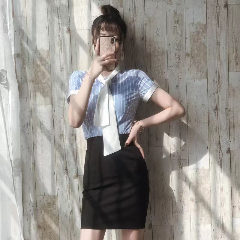 職業襯衫女夏季短袖條紋售樓前台正裝上衣時尚氣質蝴蝶結雪紡襯衣