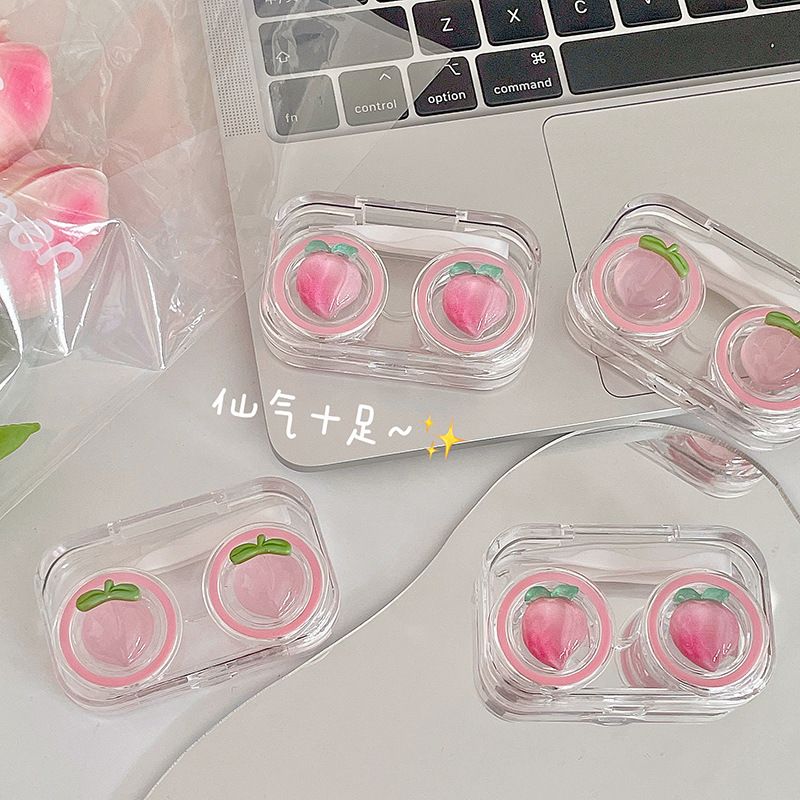 No need to twist the lid of the contact lens box, all-in-one peach contact lens box, portable, high-end, compact, mini, transparent and cute