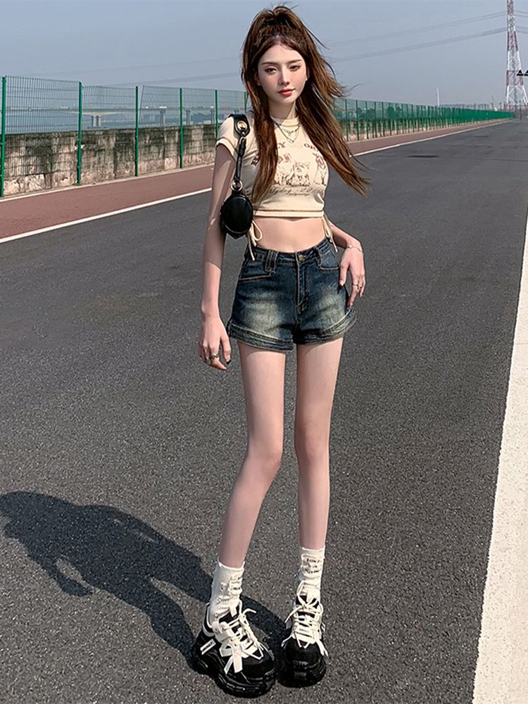 YSYOURS美式復古緊身牛仔短褲女夏季薄款高腰顯瘦大碼闊腿a字熱褲