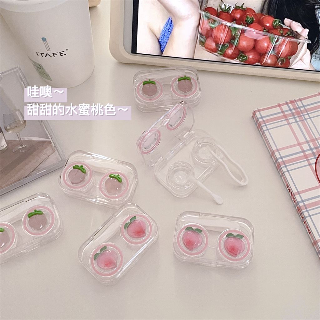 No need to twist the lid of the contact lens box, all-in-one peach contact lens box, portable, high-end, compact, mini, transparent and cute