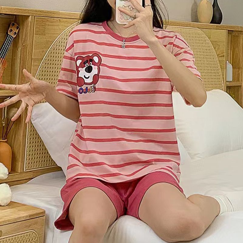 ins夏季新款睡衣女薄款短袖純棉卡通草莓熊夏天網紅風家居服學生