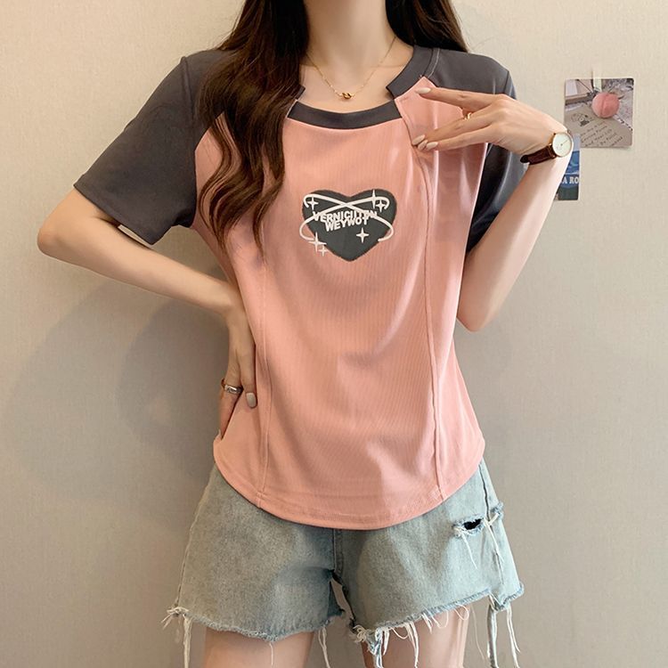 Slightly fat mm summer raglan short-sleeved front shoulder top  new irregular t-shirt women's clothing covering meat small shirt large size