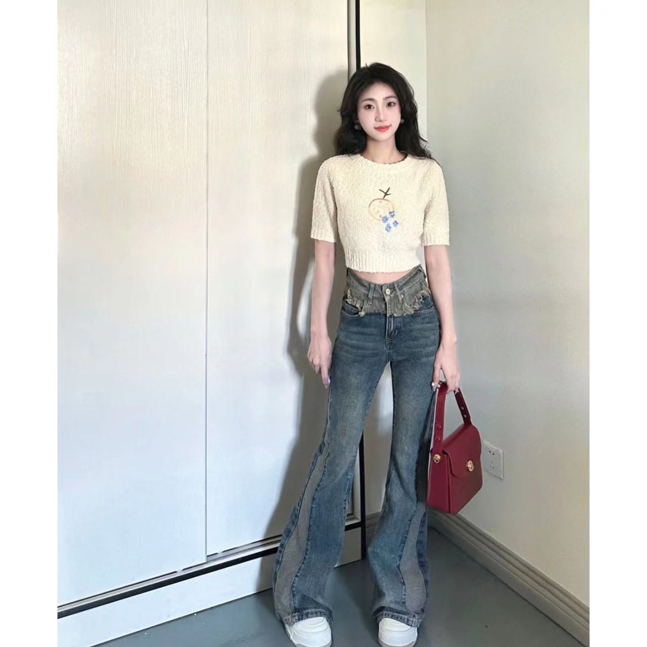 復古藍微喇叭牛仔褲女修身顯瘦彈力拖地長褲水洗春秋季百搭歐美風
