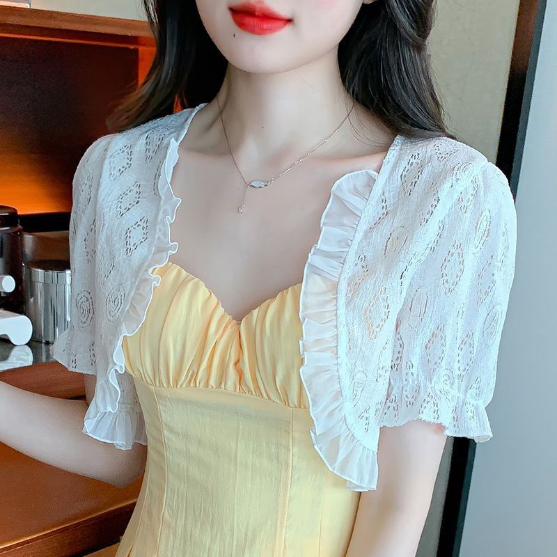 小披肩短袖外套女夏季薄款法式短款蕾絲開衫上衣服吊帶裙外搭罩衫