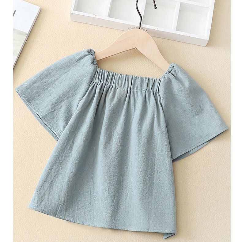 女童短袖t恤新款洋气时尚韩版中大童棉麻短袖儿童泡泡袖上衣薄款
