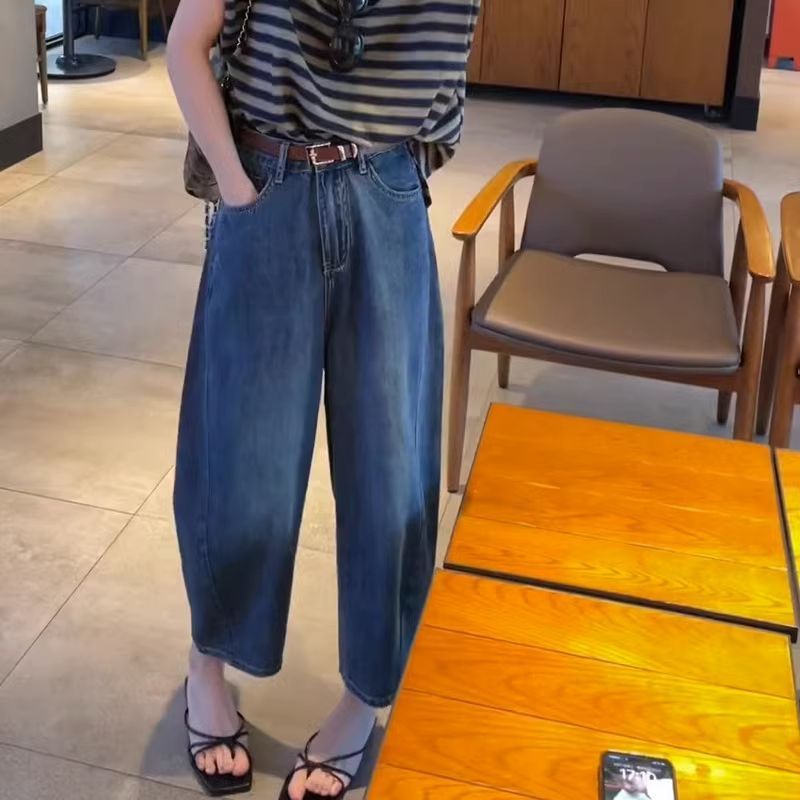 胖妹妹mm薄款高腰牛仔褲女2023年夏季新款大碼寬鬆百搭哈倫香蕉褲