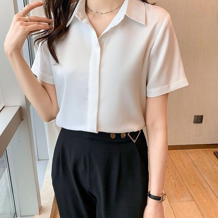 白色短袖衬衫女职业2023夏季新款韩版女士高档薄款雪纺法式衬衣潮