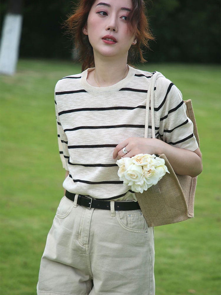Retro striped color contrast round neck knitted short-sleeved women's summer loose top gentle wind Korean all-match T-shirt thin section