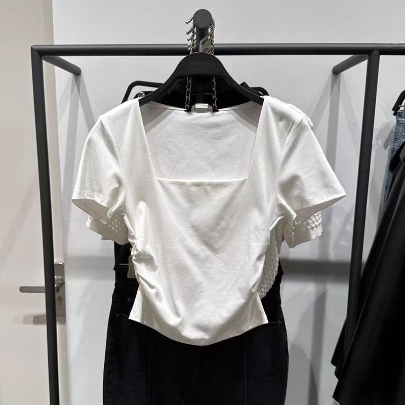 Pure cotton summer new product pure desire wind cover meat temperament square collar short section slim slim short-sleeved T-shirt top trendy ins