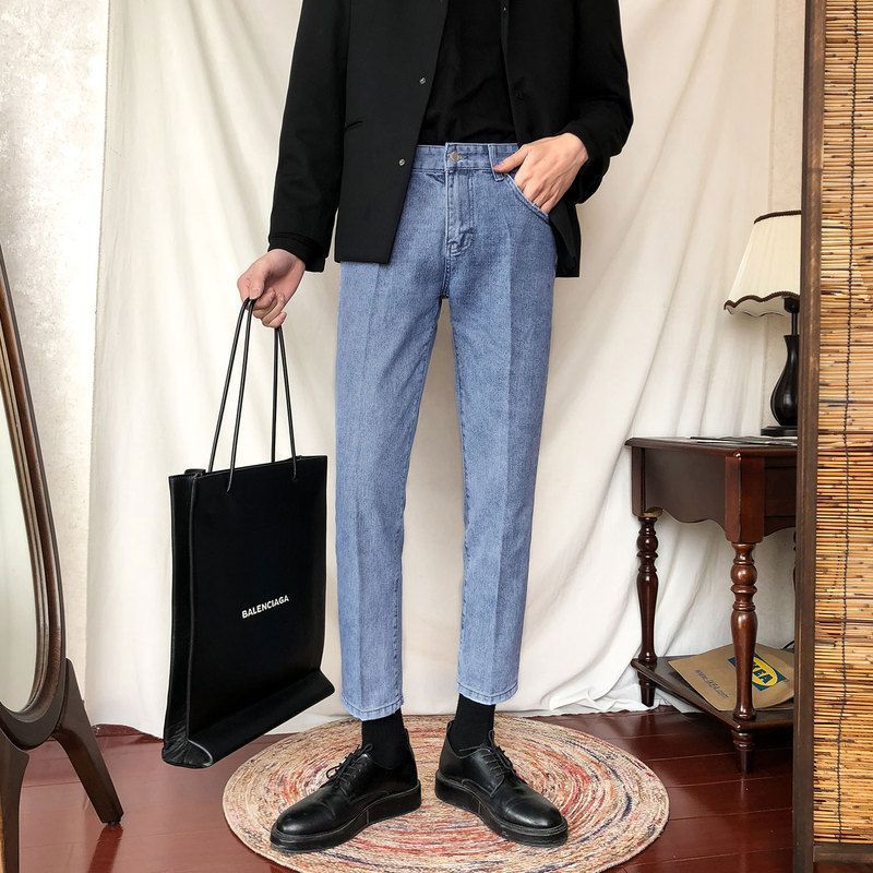 春夏新款休閒牛仔褲水洗藍寬鬆直筒修身九分褲青年韓版潮流男褲子