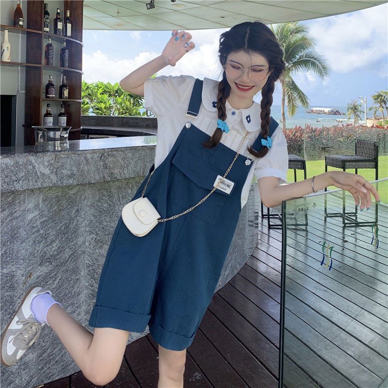 Summer 2022 new suit female student Korean version loose embroidered shirt + casual bib shorts two-piece trendy