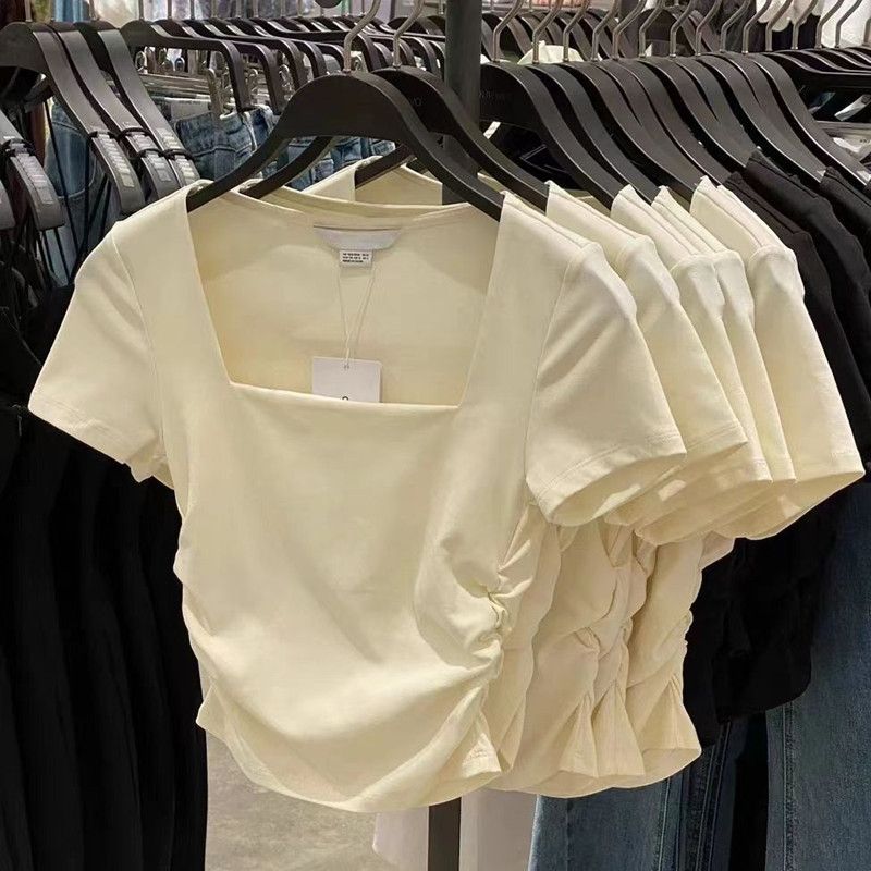 Pure cotton pure desire hot girl square collar front shoulder short-sleeved t-shirt pure desire wind design sense summer niche slim top ins