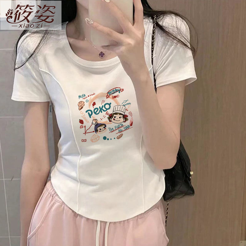 筱姿純棉正肩短袖t恤女夏季辣妹白色魚骨修身卡腰字母減齡上衣ins