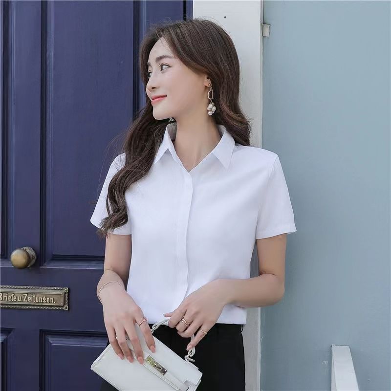 时尚短袖白色衬衫女宽松职业装2023新款韩版休闲雪纺正装名媛上衣
