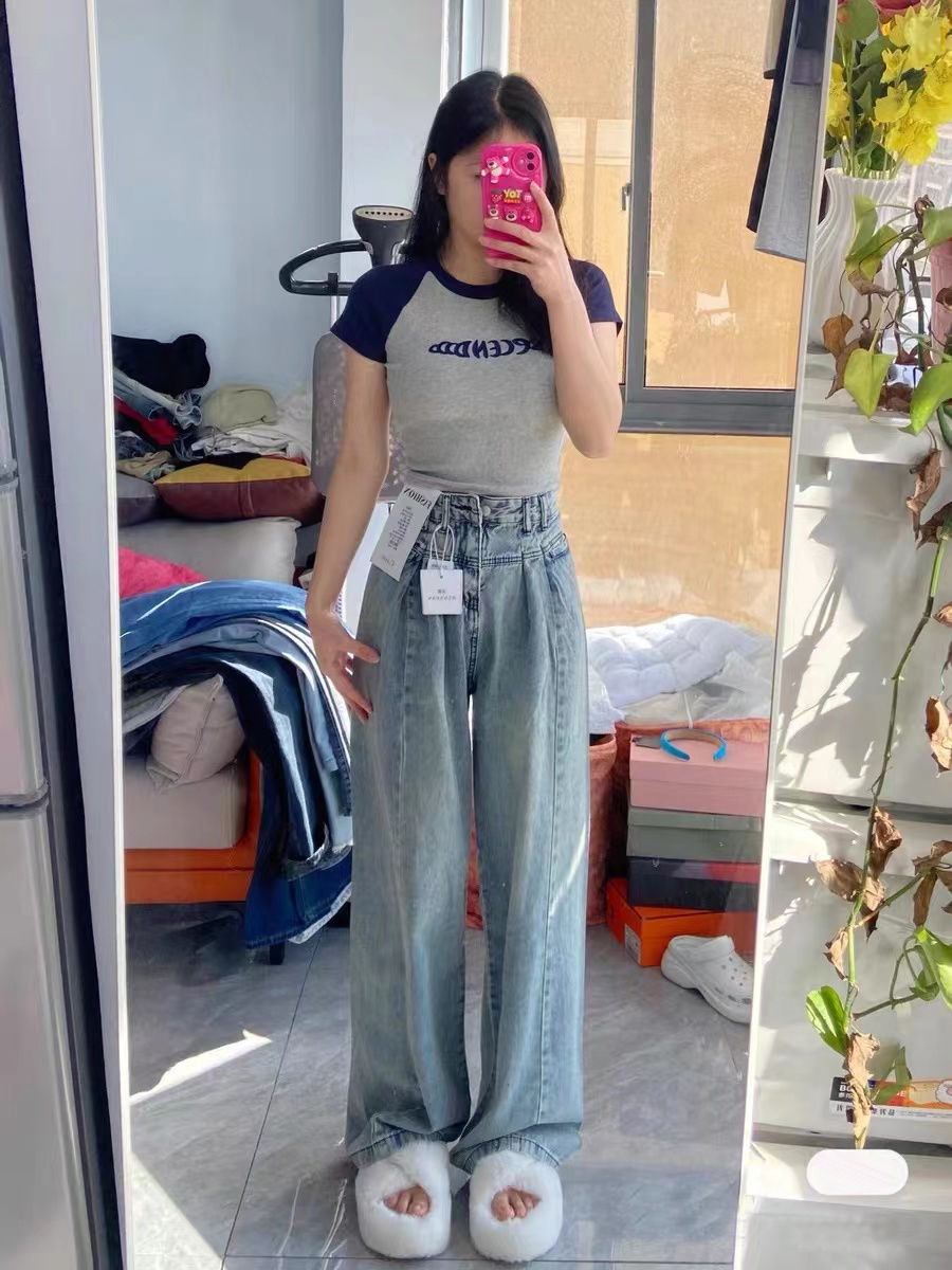 慵懶水洗藍牛仔褲女寬鬆顯瘦設計感高街休閒闊腿直筒褲小眾長褲子