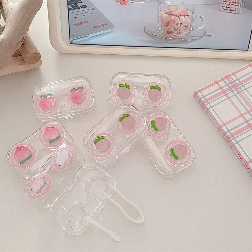 No need to twist the lid of the contact lens box, all-in-one peach contact lens box, portable, high-end, compact, mini, transparent and cute