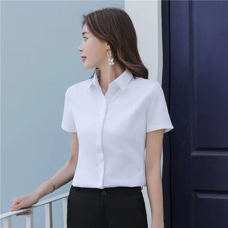 夏季时尚新款短袖白衬衫女设计感小众上衣宽松工作服西装内搭衬衣