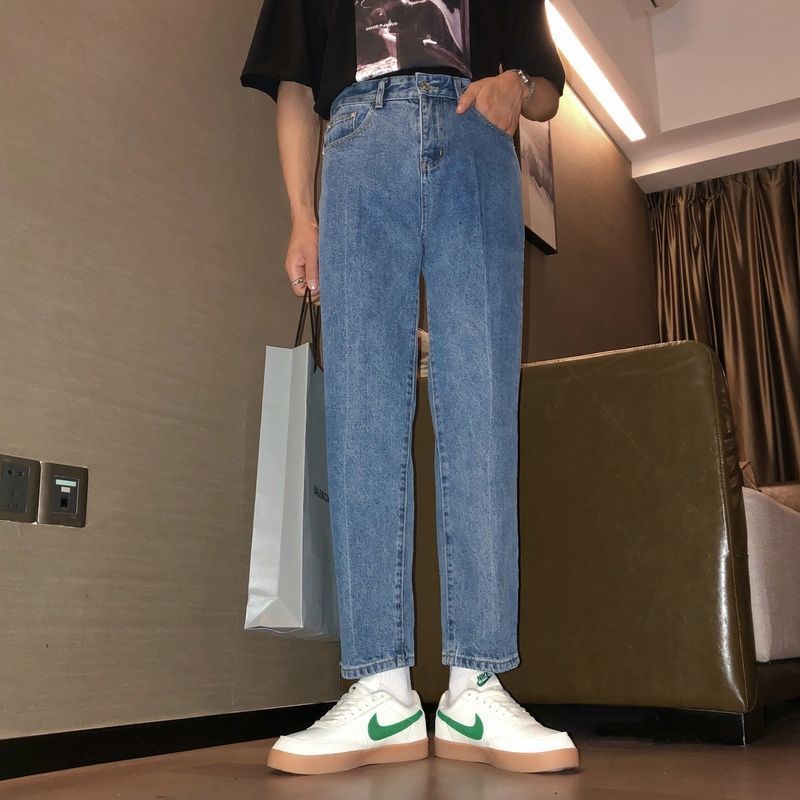 直筒修身九分牛仔褲男士薄款夏季復古寬鬆韓版潮流休閒褲子男女潮