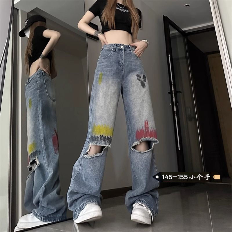 美式復古高街潑墨破洞牛仔褲女小個子夏季直筒顯瘦寬鬆闊腿長褲潮
