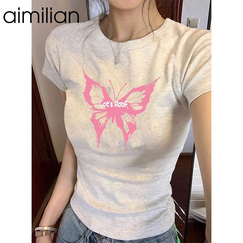 aimilian小個子正肩短袖t恤女夏季2023新款修身顯瘦辣妹短款上衣