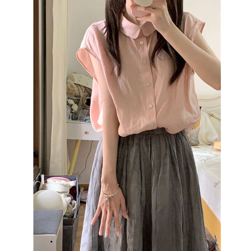 兩件套裝日系減齡娃娃領襯衫女夏季文藝粉色襯衣時尚高腰半身裙潮