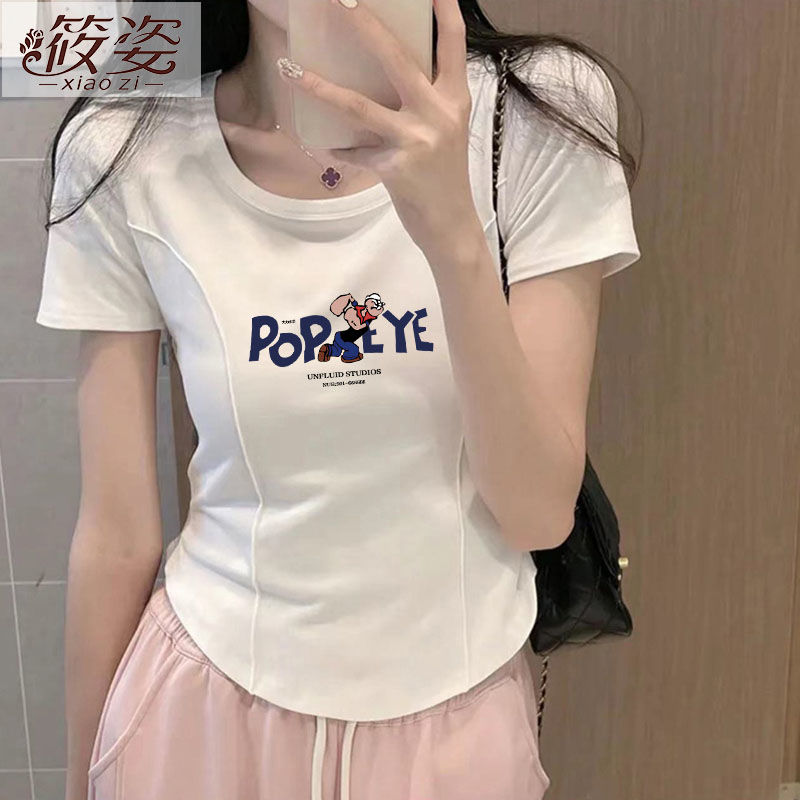 筱姿純棉正肩掐腰性感弧形下擺短袖t恤女夏季設計感小眾顯瘦上衣
