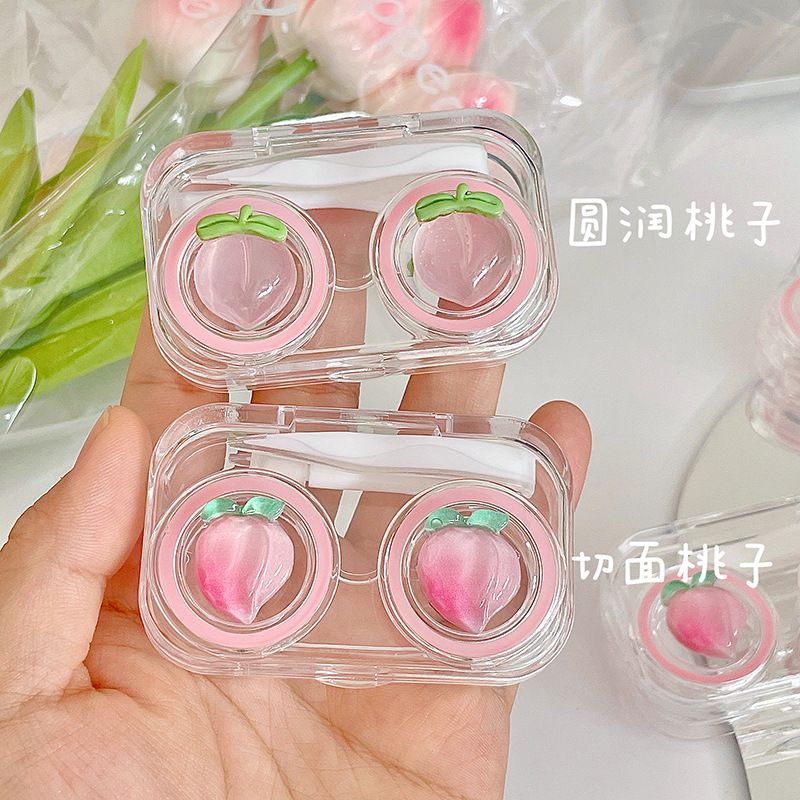 无需拧盖美瞳盒一体式桃子隐形眼镜盒便携式高级小巧迷你透明可爱
