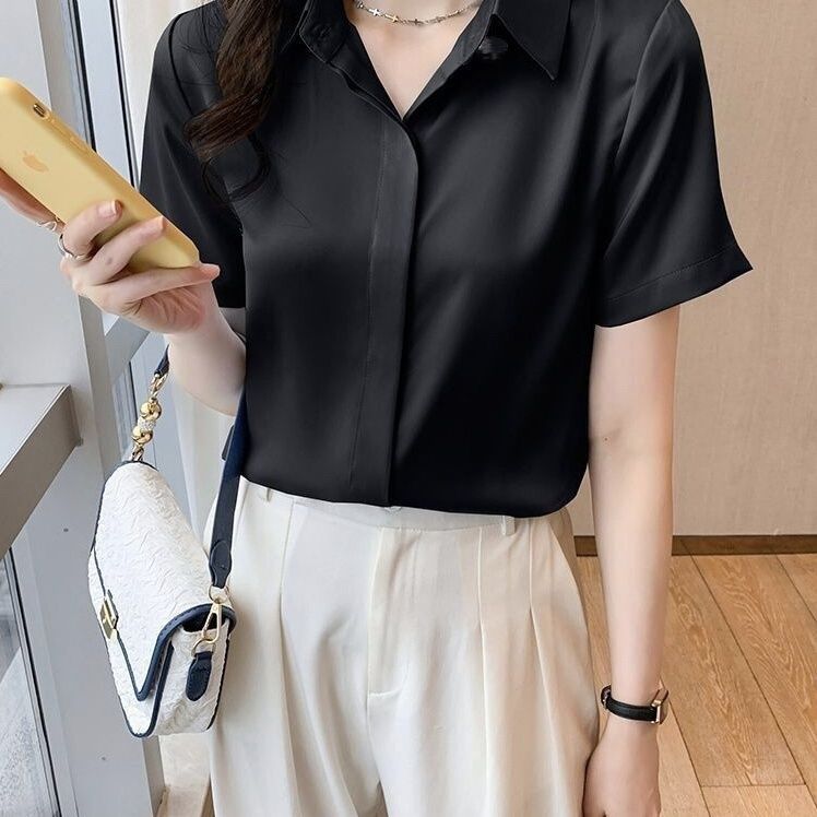 白色短袖衬衫女职业2023夏季新款韩版女士高档薄款雪纺法式衬衣潮