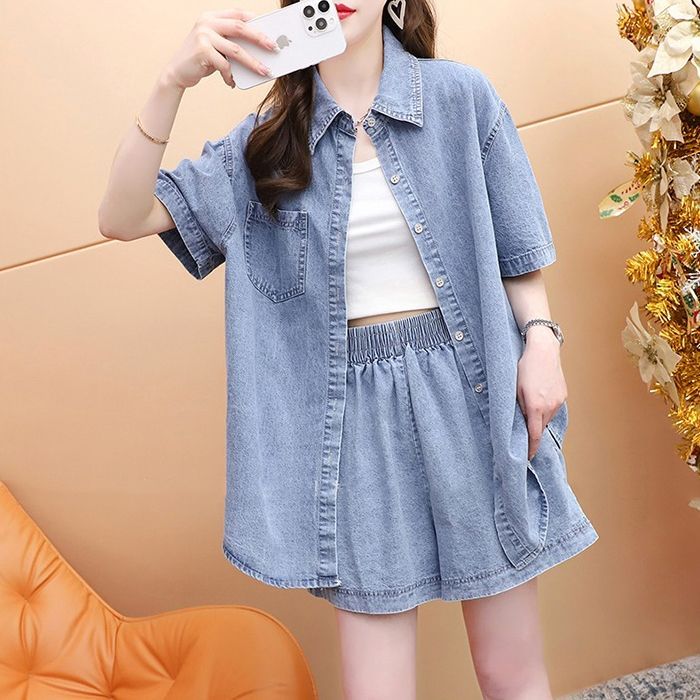 牛仔襯衫短袖牛仔套裝女夏季2023新款網紅爆款炸街闊腿短褲兩件套