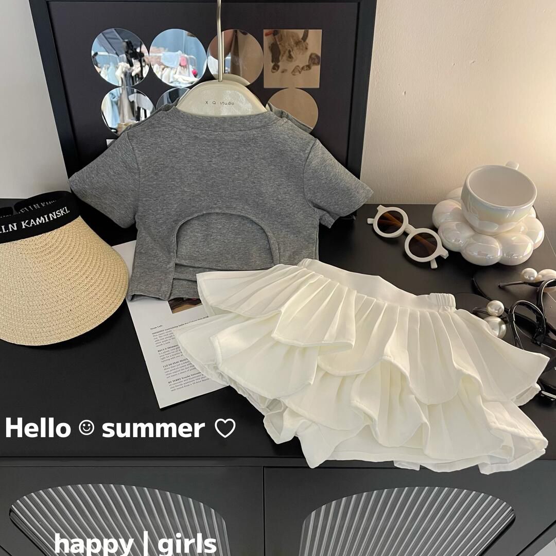 Girls two-piece suit 2023 new pure cotton short-sleeved T-shirt little girl pleated skirt female treasure skirt pants western style summer dress