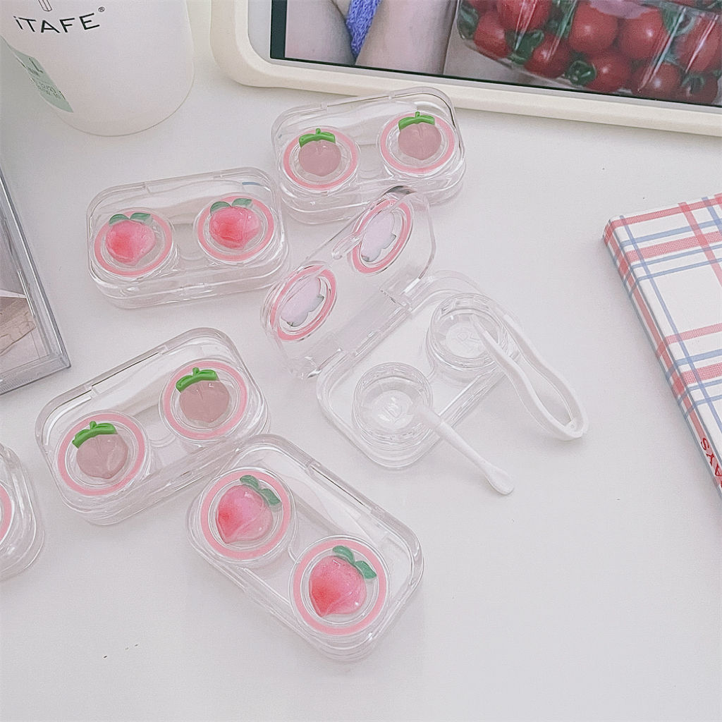 No need to twist the lid of the contact lens box, all-in-one peach contact lens box, portable, high-end, compact, mini, transparent and cute