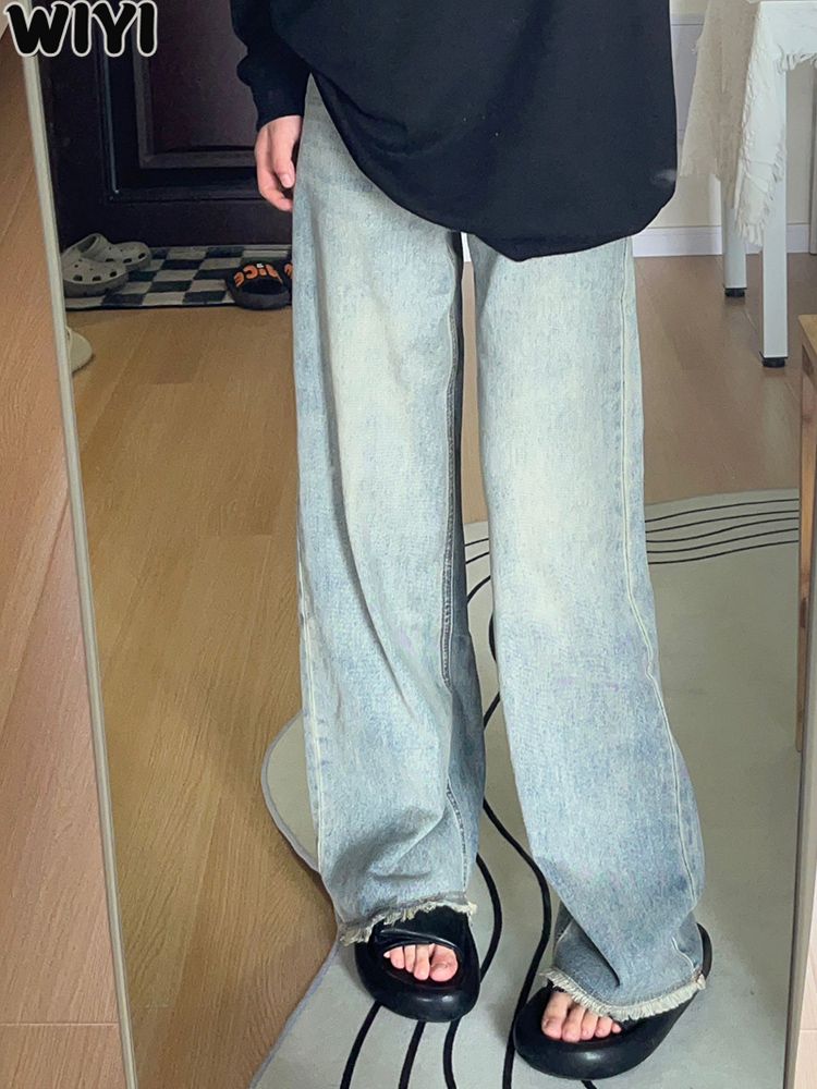 WIYI 復古做舊闊腿牛仔褲女夏季新款寬鬆顯瘦直筒垂感拖地長褲子