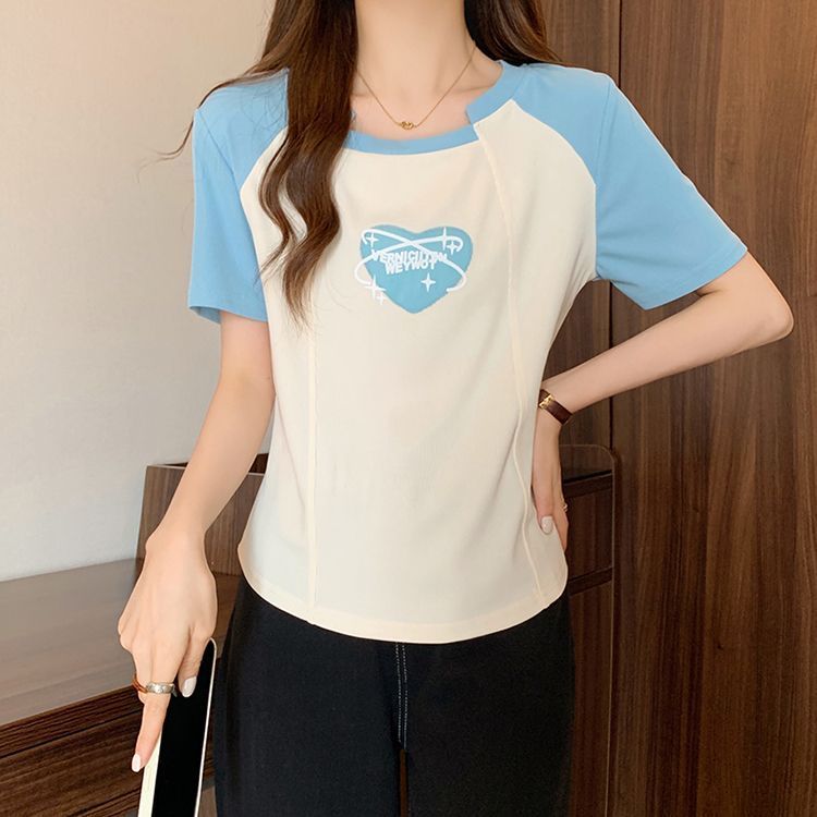 Slightly fat mm summer raglan short-sleeved front shoulder top  new irregular t-shirt women's clothing covering meat small shirt large size