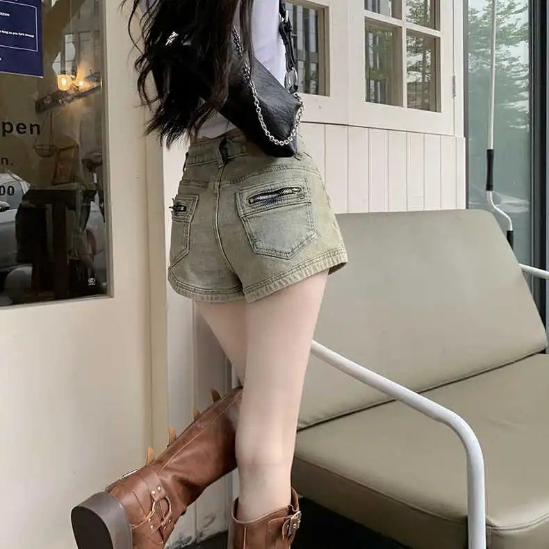 辣妹美式復古牛仔短褲女2023夏季新款高腰顯瘦設計感A字超短熱褲