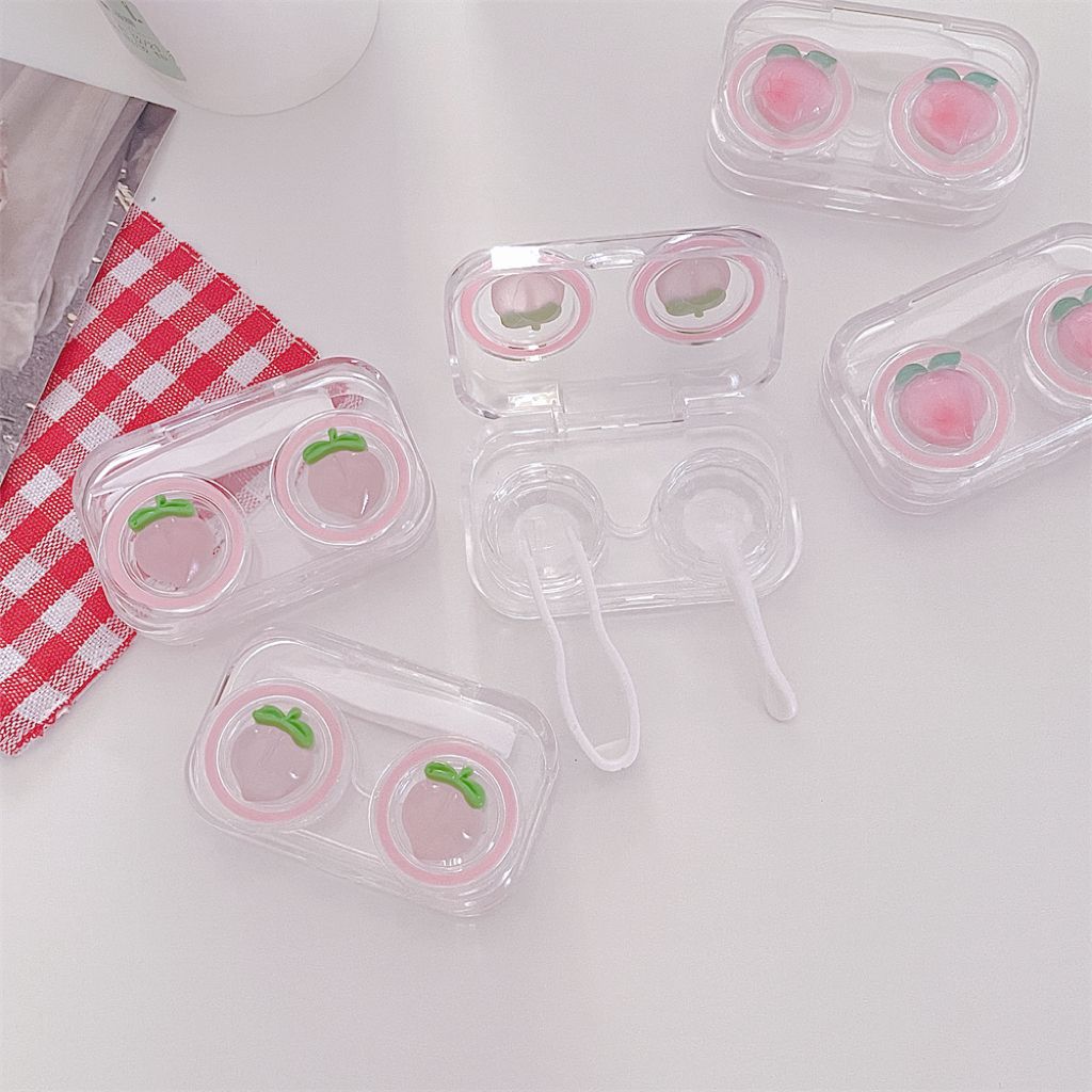 No need to twist the lid of the contact lens box, all-in-one peach contact lens box, portable, high-end, compact, mini, transparent and cute