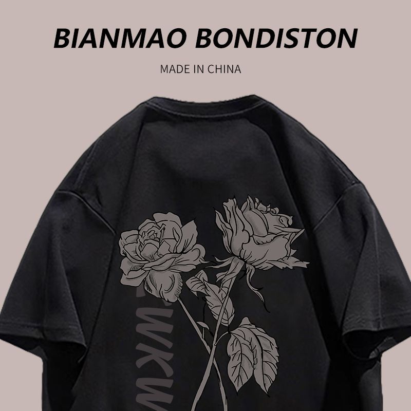 Summer new retro trend rose print Korean version vibe black cotton couple wear short-sleeved T-shirt ins