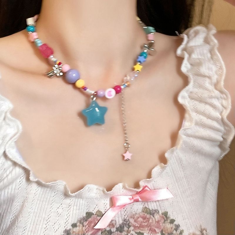 糖果流星~彩色串珠星星項鍊女小眾設計感網紅配飾甜酷辣妹鎖骨鏈