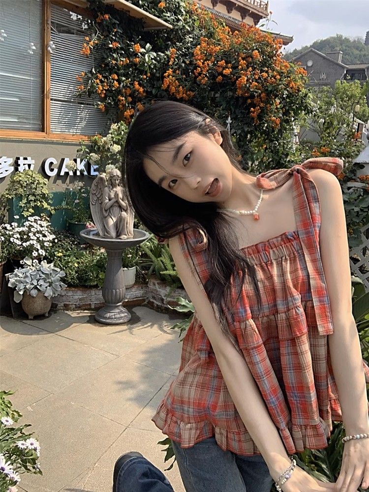 甜辣妹綁帶復古紅色格子吊帶背心女裝夏季設計感小眾減齡外穿上衣