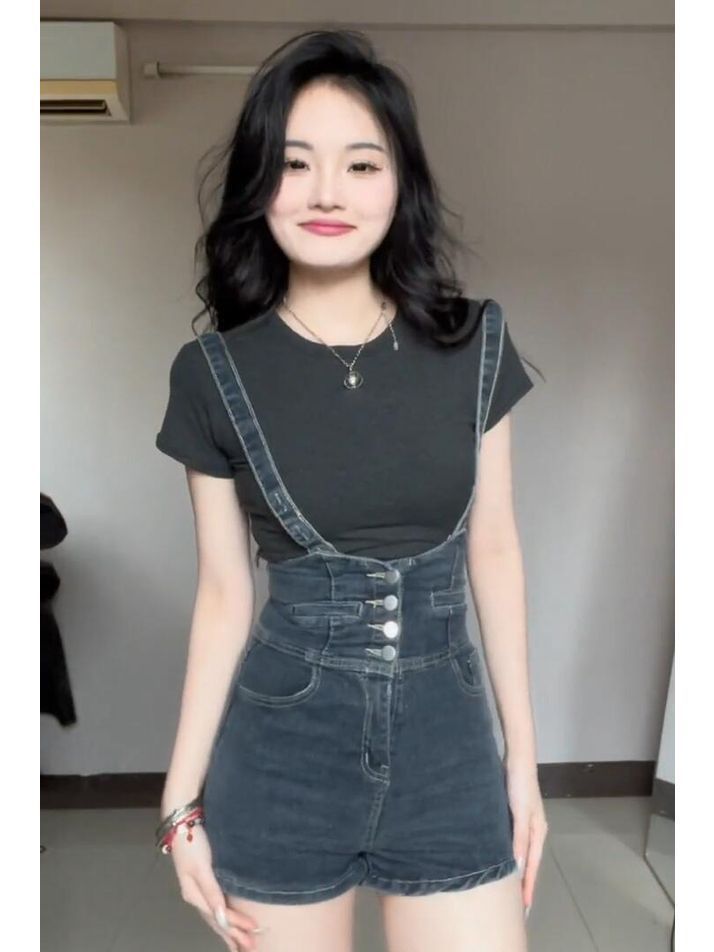 高腰牛仔背帶褲女韓版2023夏季新款小眾復古減齡修身顯瘦百搭短褲