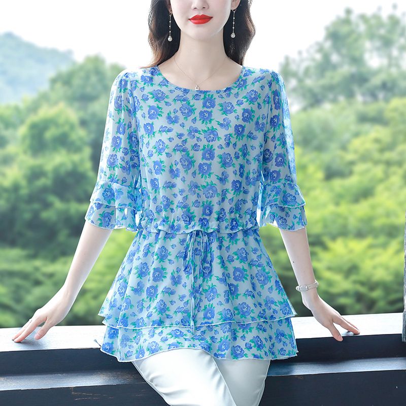 2023夏季新款波點雪紡衫女中長款寬鬆遮肚百搭顯瘦洋氣小衫上衣女